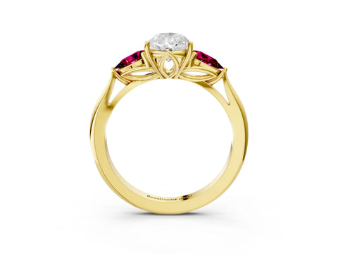 Yellow gold Pear Cut Diamond Three-Stone Ring with Pear with Garnet side stone Side Stones and Prong Setting_3