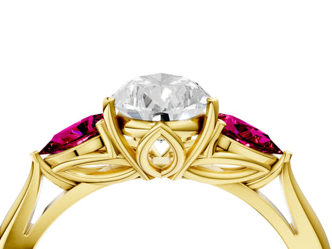Yellow gold Pear Cut Diamond Three-Stone Ring with Pear with Garnet side stone Side Stones and Prong Setting_4
