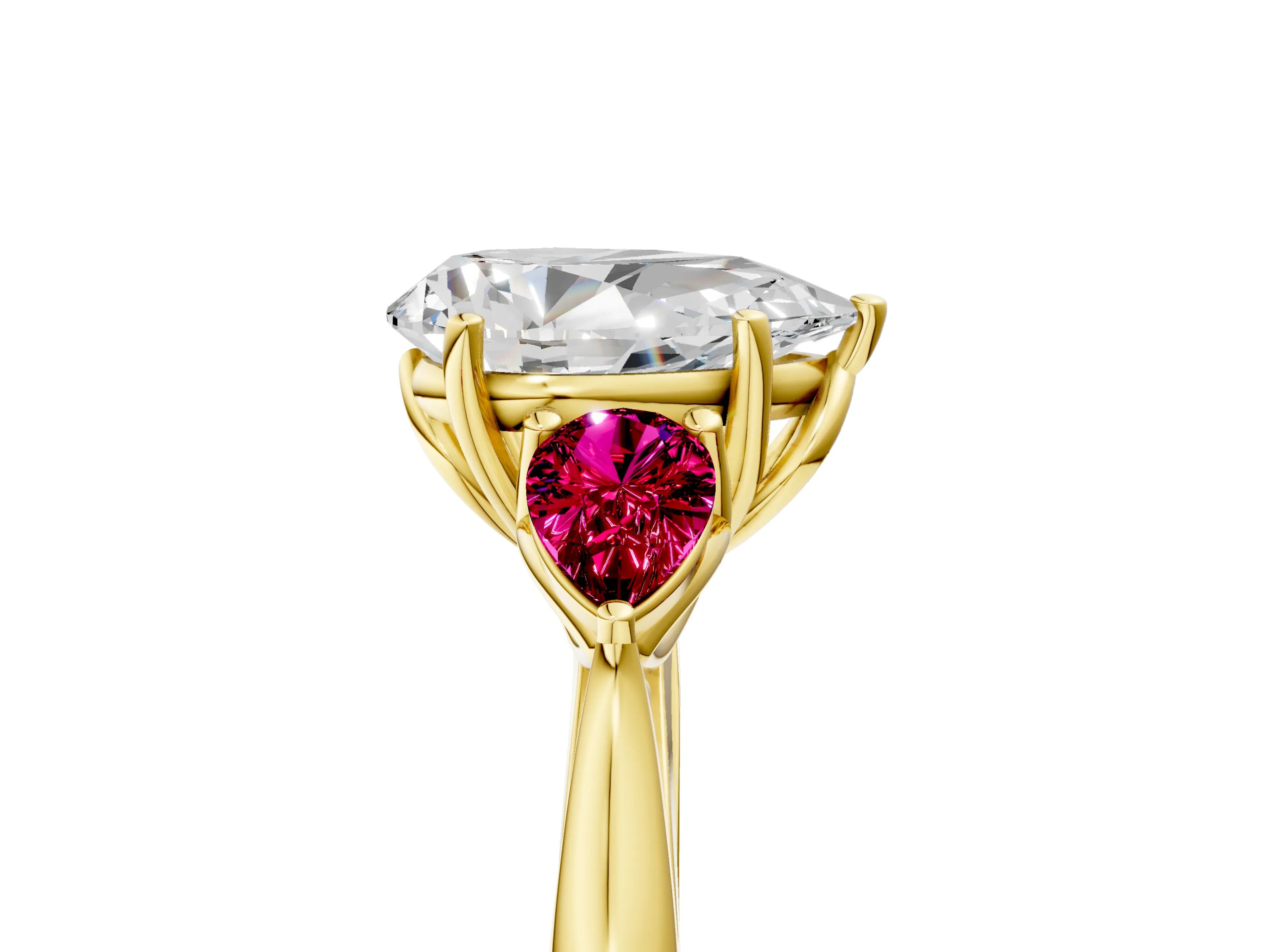 Yellow gold Pear Cut Diamond Three-Stone Ring with Pear with Garnet side stone Side Stones and Prong Setting_5