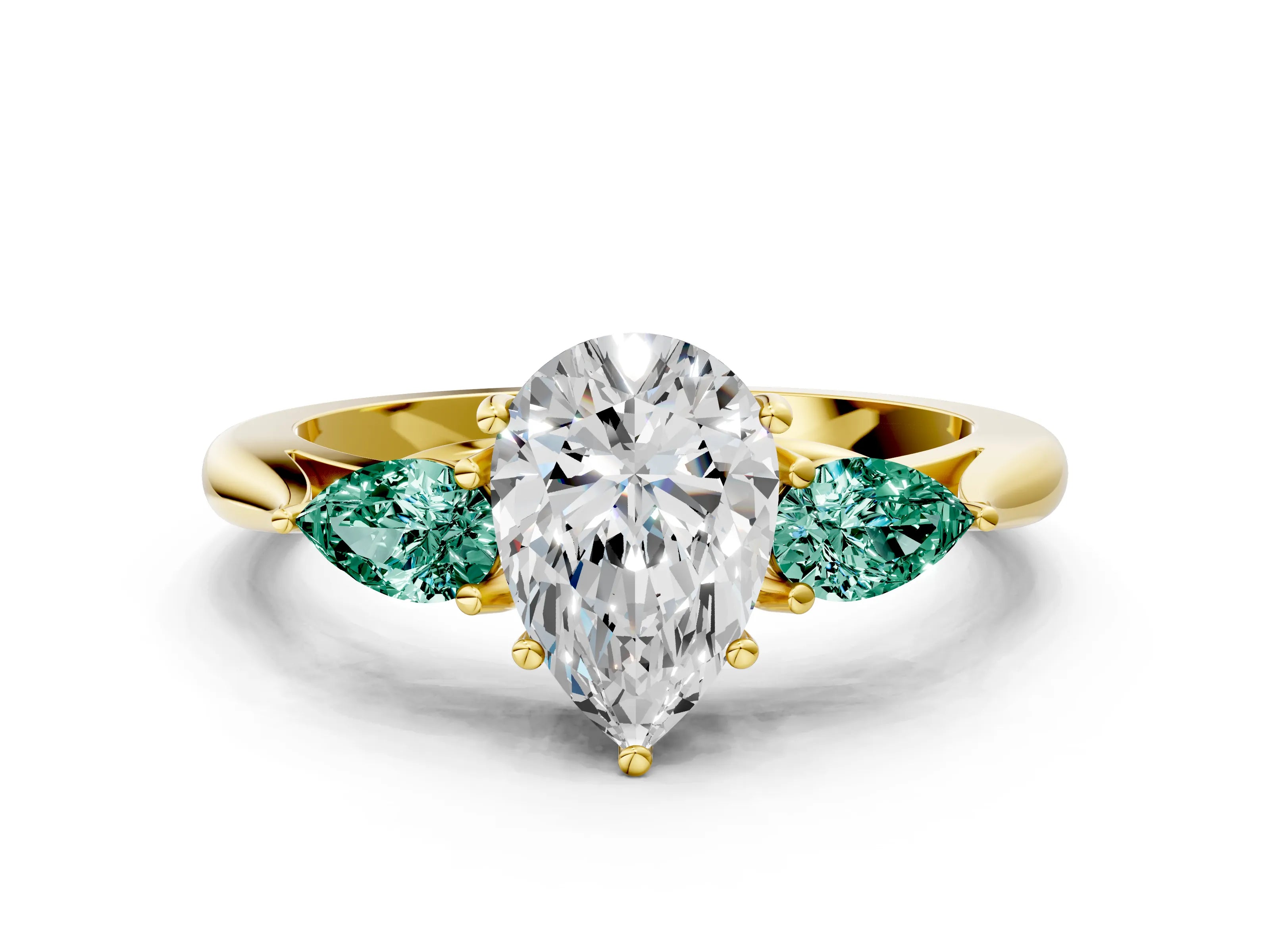 Yellow gold Pear Cut Diamond Three-Stone Ring with Pear with Green Sapphire side stone Side Stones and Prong Setting