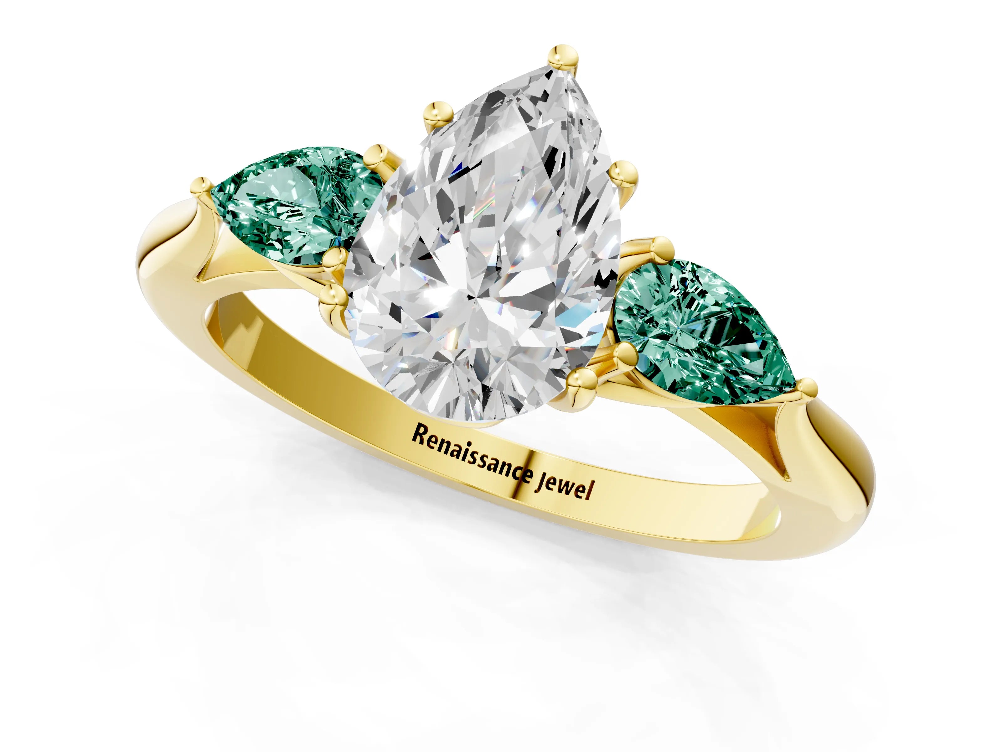 Yellow gold Pear Cut Diamond Three-Stone Ring with Pear with Green Sapphire side stone Side Stones and Prong Setting_1