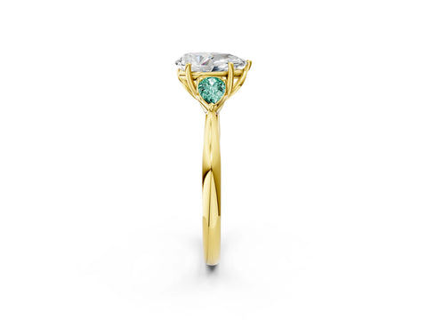 Yellow gold Pear Cut Diamond Three-Stone Ring with Pear with Green Sapphire side stone Side Stones and Prong Setting_2