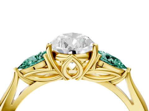 Yellow gold Pear Cut Diamond Three-Stone Ring with Pear with Green Sapphire side stone Side Stones and Prong Setting_4