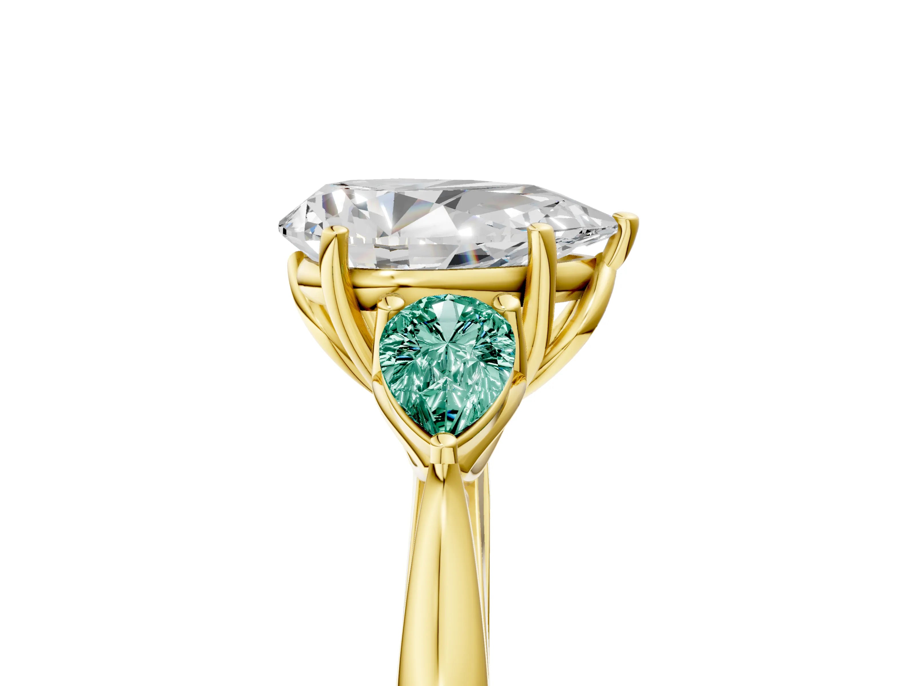 Yellow gold Pear Cut Diamond Three-Stone Ring with Pear with Green Sapphire side stone Side Stones and Prong Setting_5