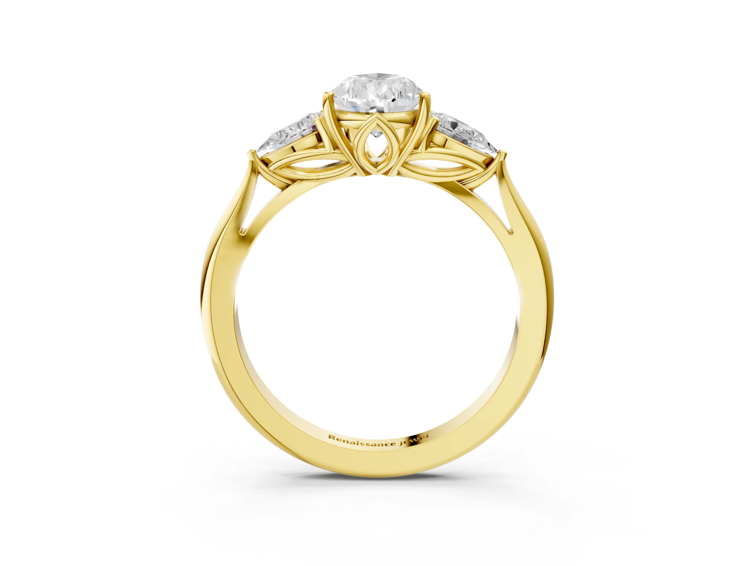 Yellow gold Pear Cut Diamond Three-Stone Ring with Pear with Moissanite side stone Side Stones and Prong Setting_3