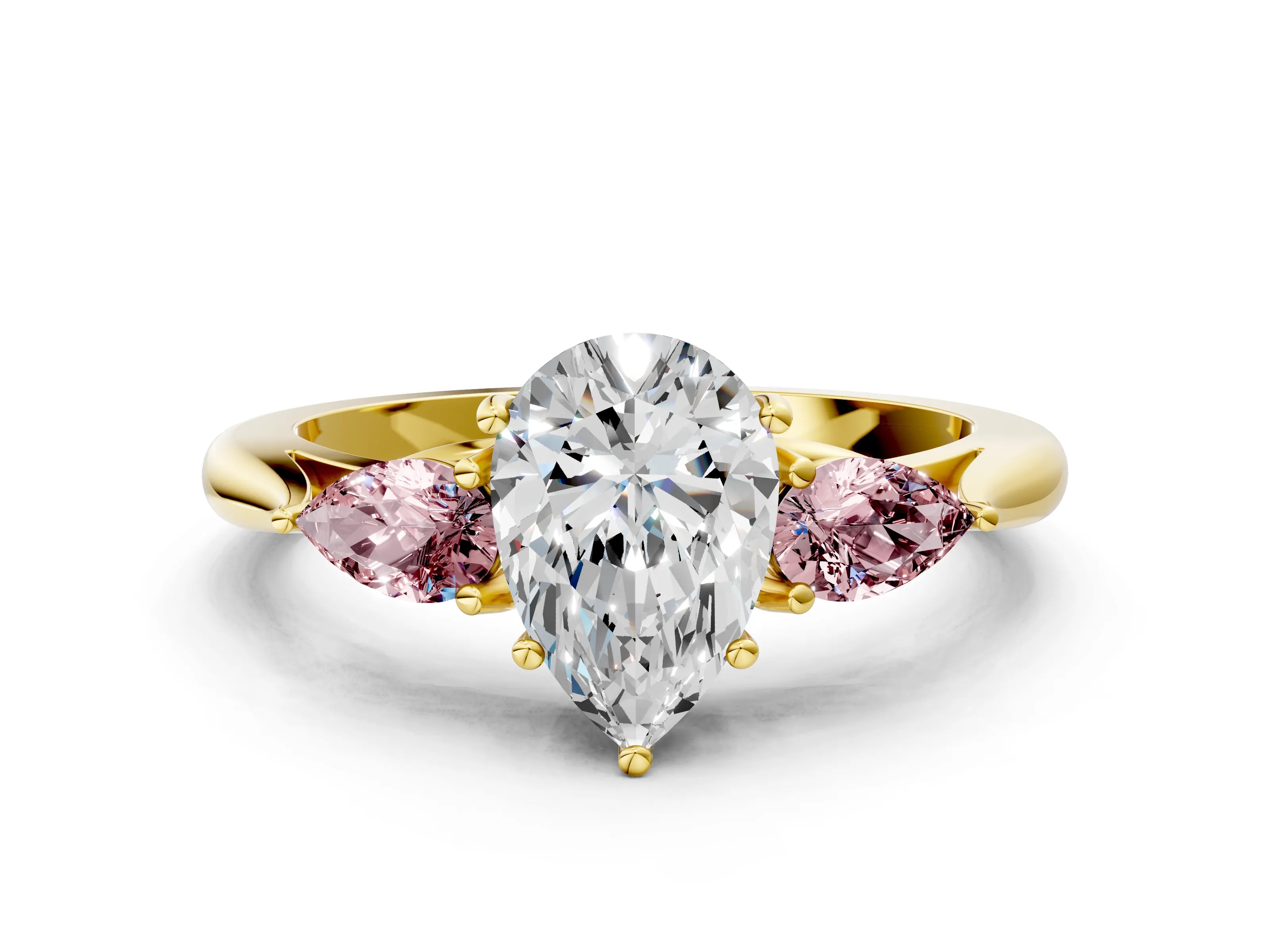 Yellow gold Pear Cut Diamond Three-Stone Ring with Pear with Morganite side stone Side Stones and Prong Setting
