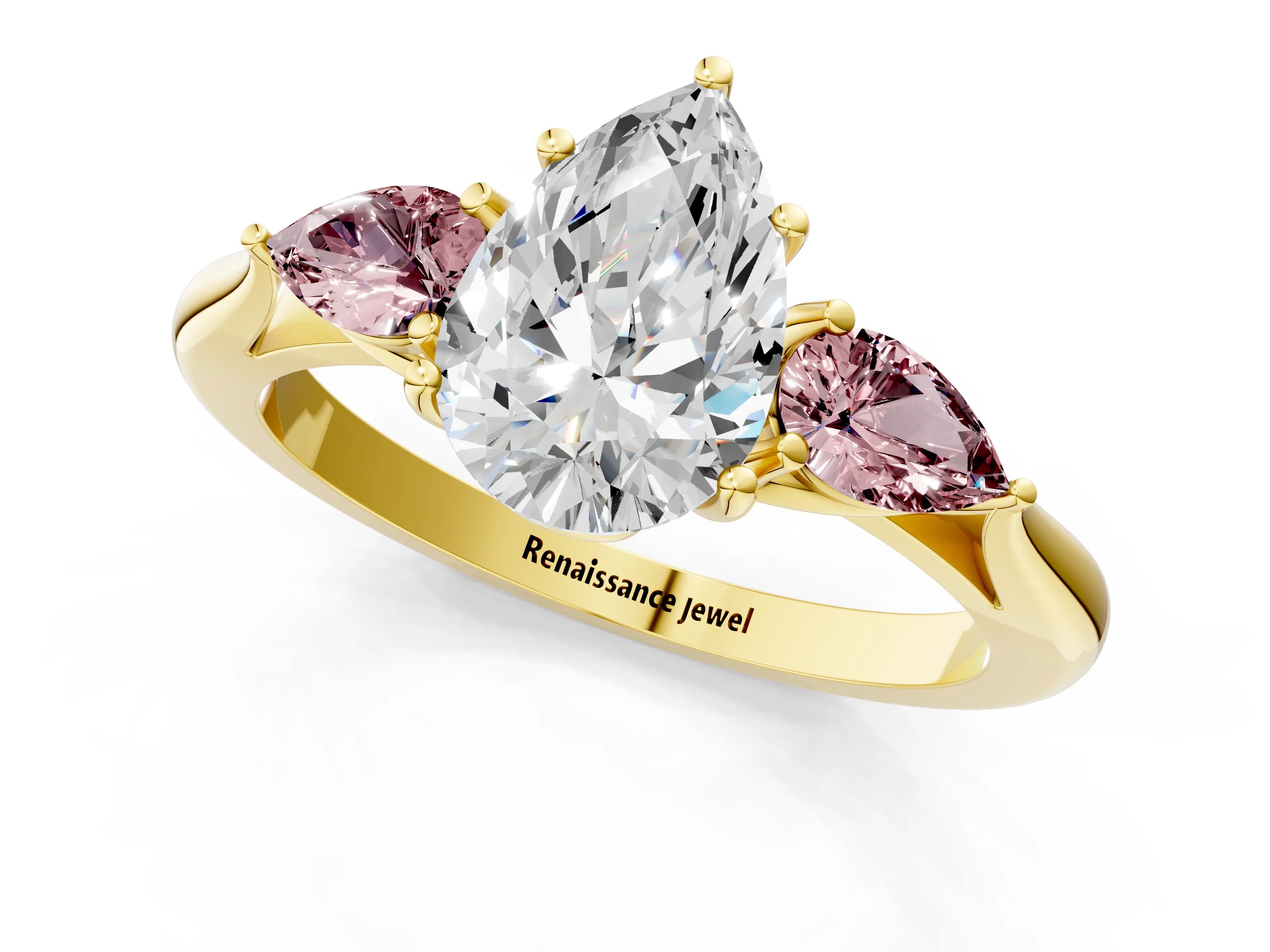 Yellow gold Pear Cut Diamond Three-Stone Ring with Pear with Morganite side stone Side Stones and Prong Setting_1