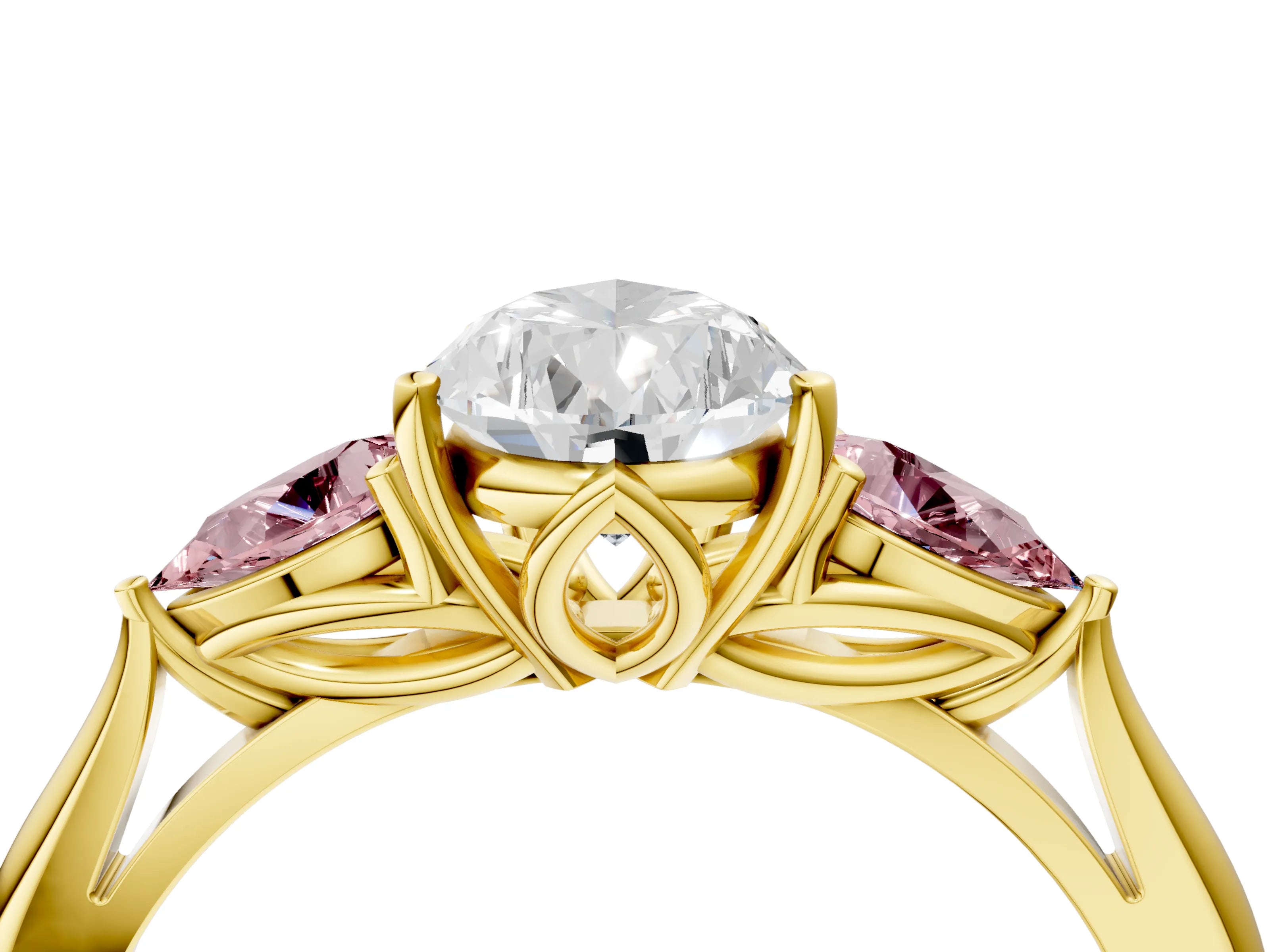 Yellow gold Pear Cut Diamond Three-Stone Ring with Pear with Morganite side stone Side Stones and Prong Setting_4