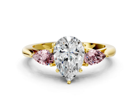 Yellow gold Pear Cut Diamond Three-Stone Ring with Pear with Morganite side stone Side Stones and Prong Setting