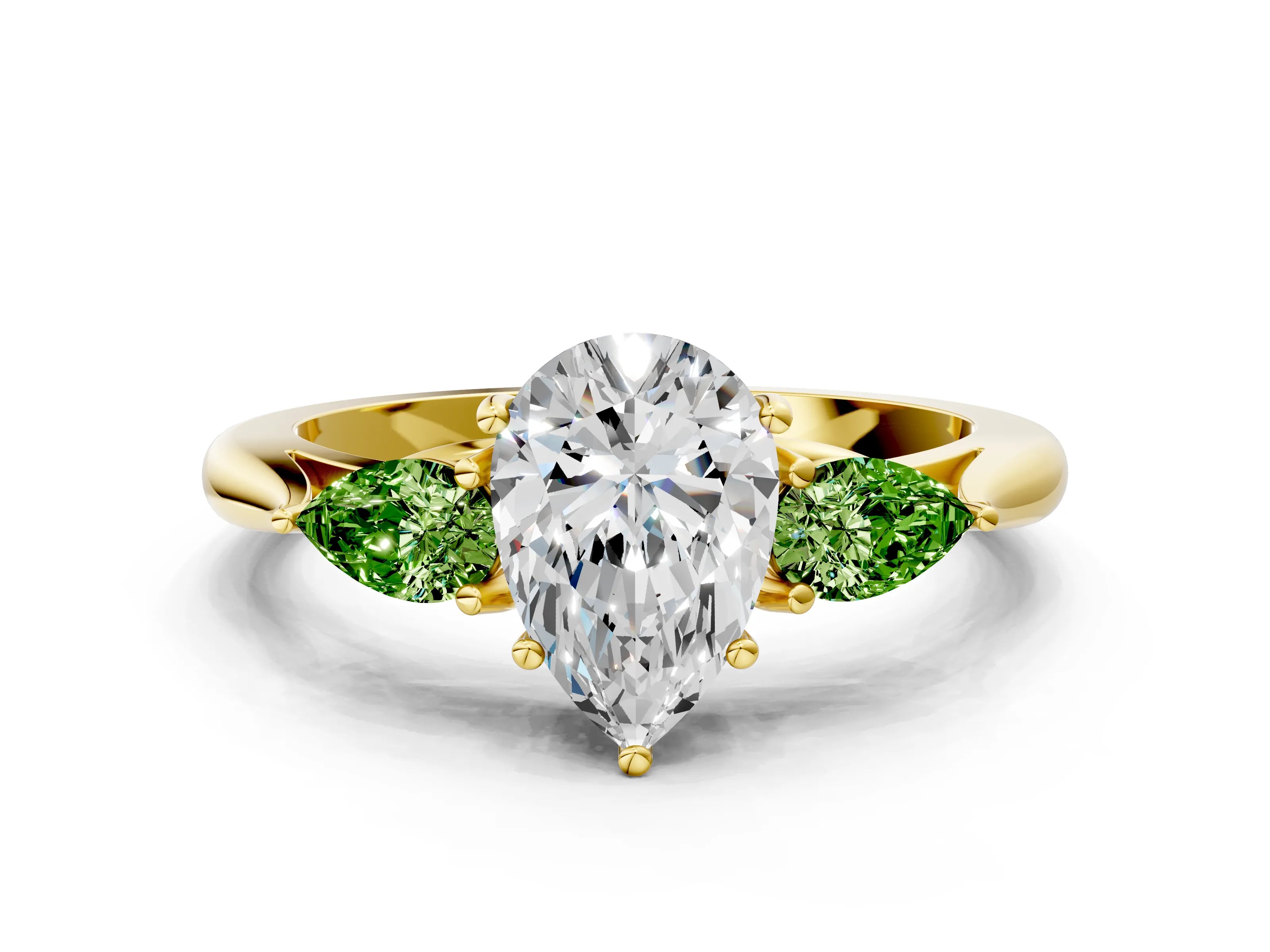 Yellow gold Pear Cut Diamond Three-Stone Ring with Pear with Peridot side stone Side Stones and Prong Setting