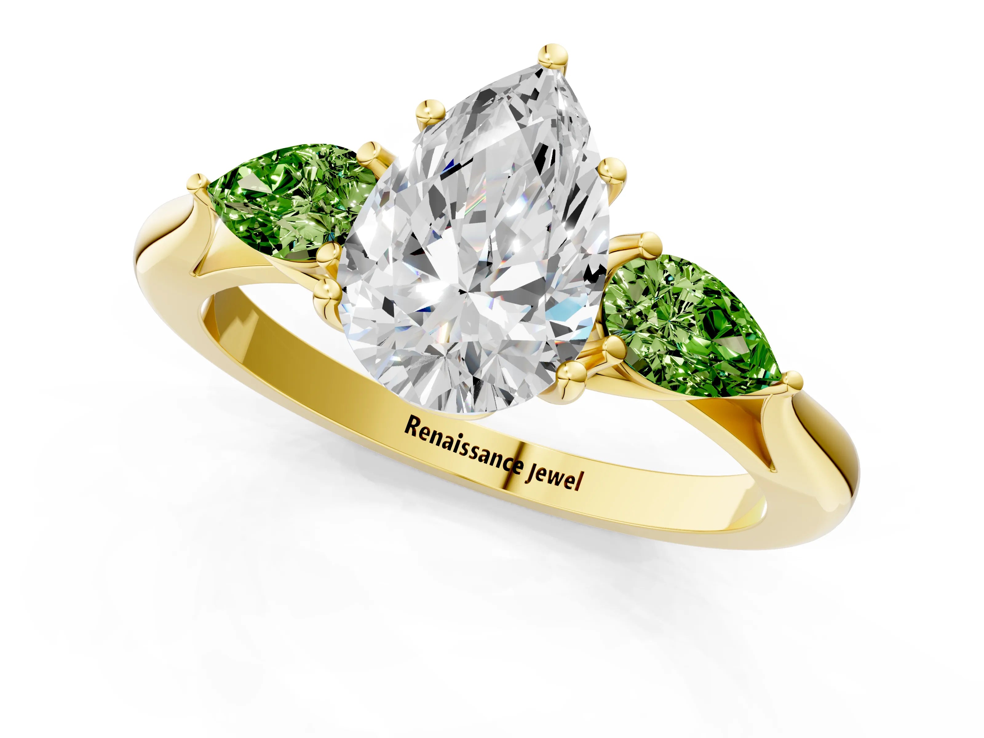 Yellow gold Pear Cut Diamond Three-Stone Ring with Pear with Peridot side stone Side Stones and Prong Setting_1