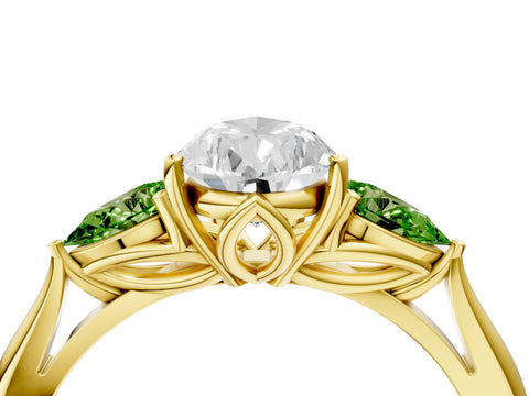 Yellow gold Pear Cut Diamond Three-Stone Ring with Pear with Peridot side stone Side Stones and Prong Setting_4