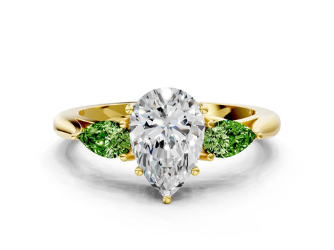 Yellow gold Pear Cut Diamond Three-Stone Ring with Pear with Peridot side stone Side Stones and Prong Setting
