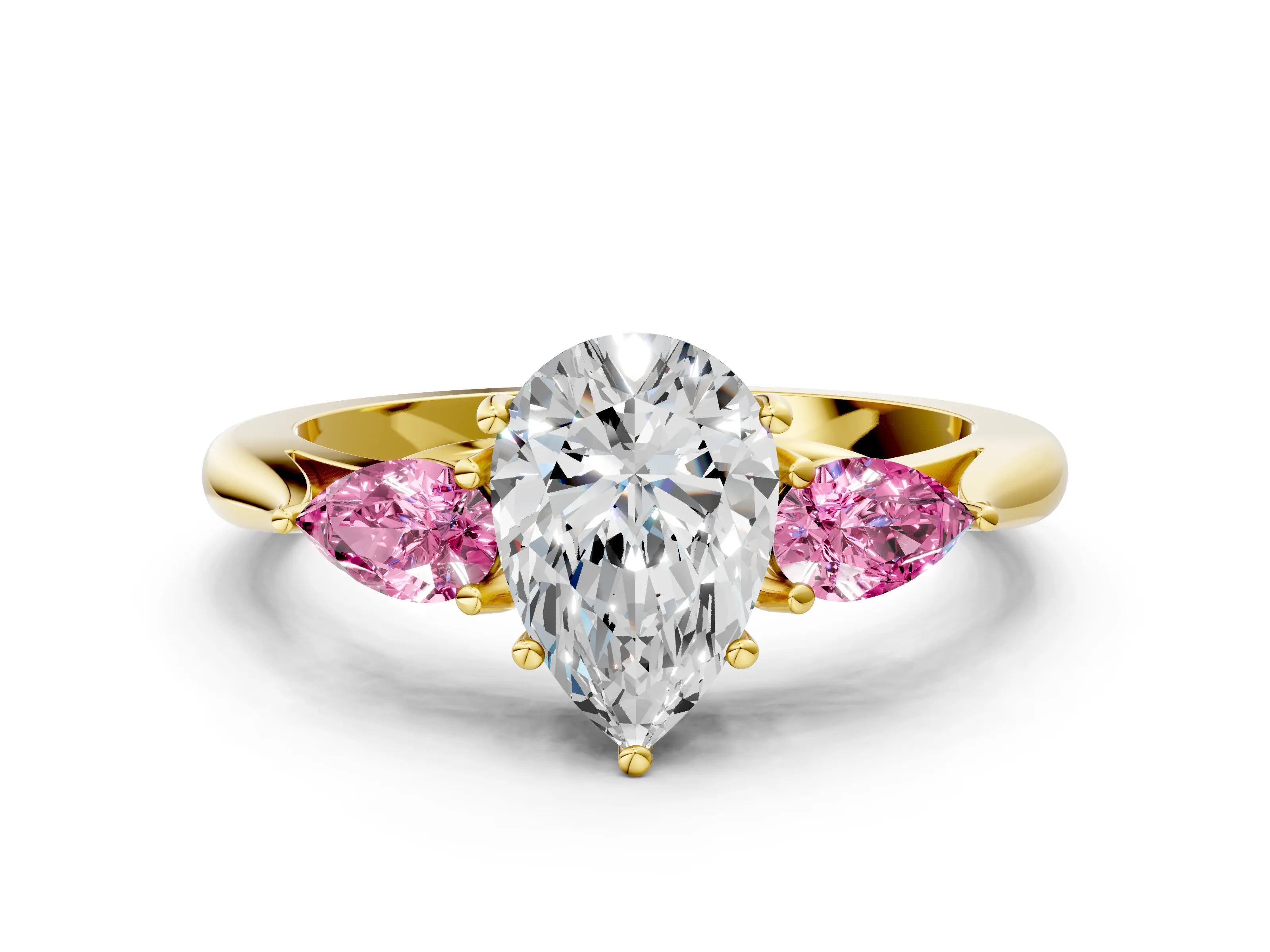 Yellow gold Pear Cut Diamond Three-Stone Ring with Pear with Pink Sapphire side stone Side Stones and Prong Setting