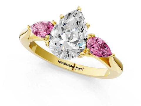 Yellow gold Pear Cut Diamond Three-Stone Ring with Pear with Pink Sapphire side stone Side Stones and Prong Setting_1