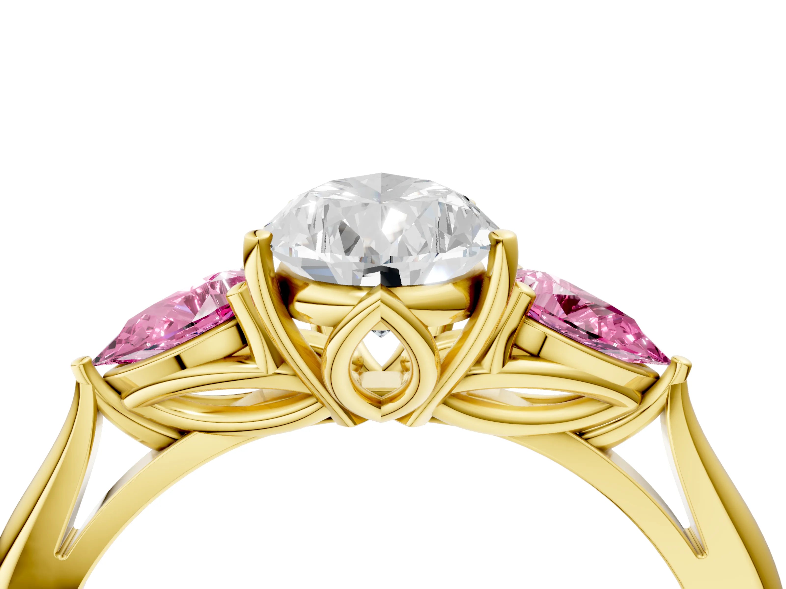 Yellow gold Pear Cut Diamond Three-Stone Ring with Pear with Pink Sapphire side stone Side Stones and Prong Setting_4