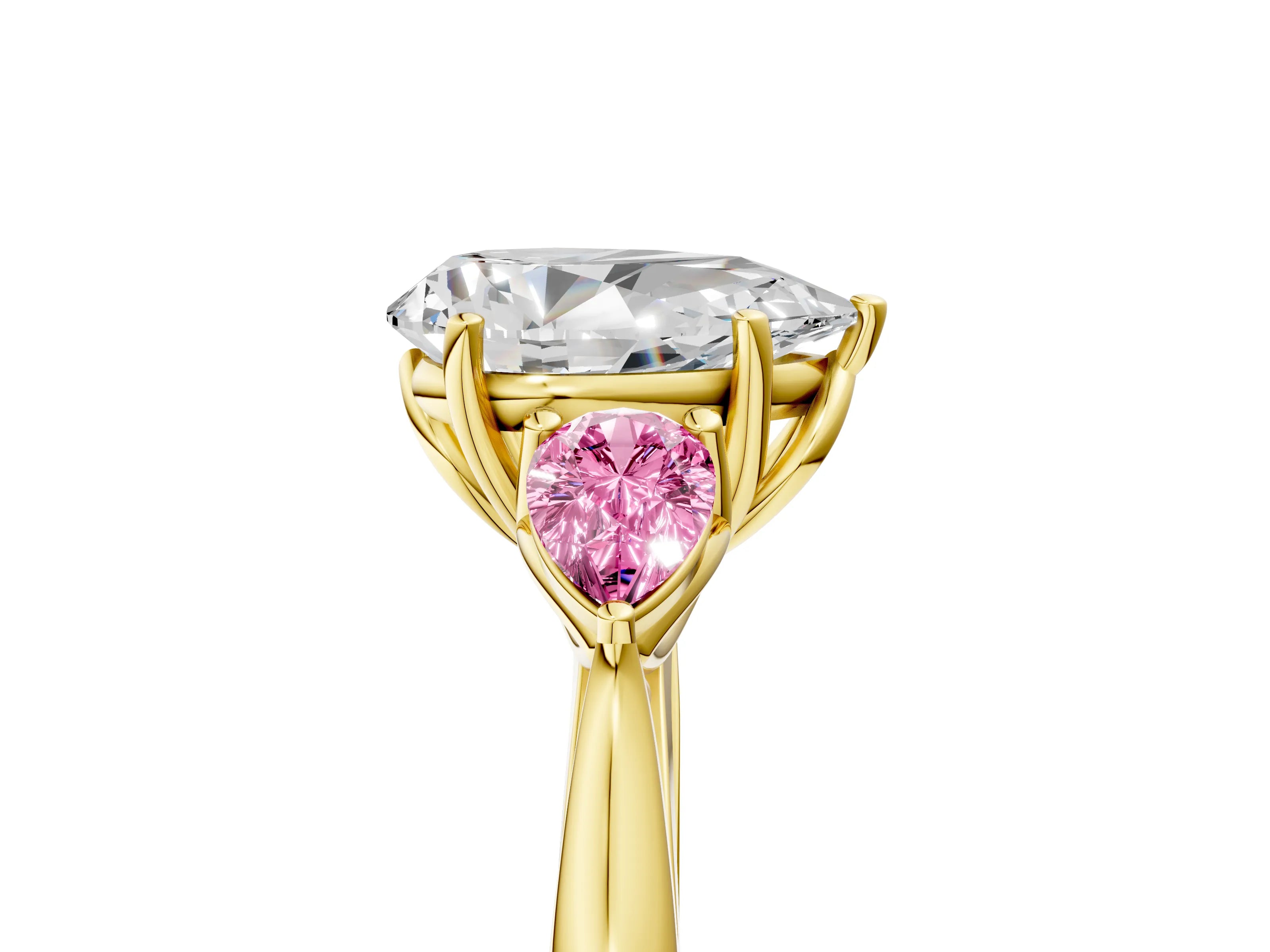 Yellow gold Pear Cut Diamond Three-Stone Ring with Pear with Pink Sapphire side stone Side Stones and Prong Setting_5