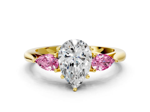 Yellow gold Pear Cut Diamond Three-Stone Ring with Pear with Pink Sapphire side stone Side Stones and Prong Setting