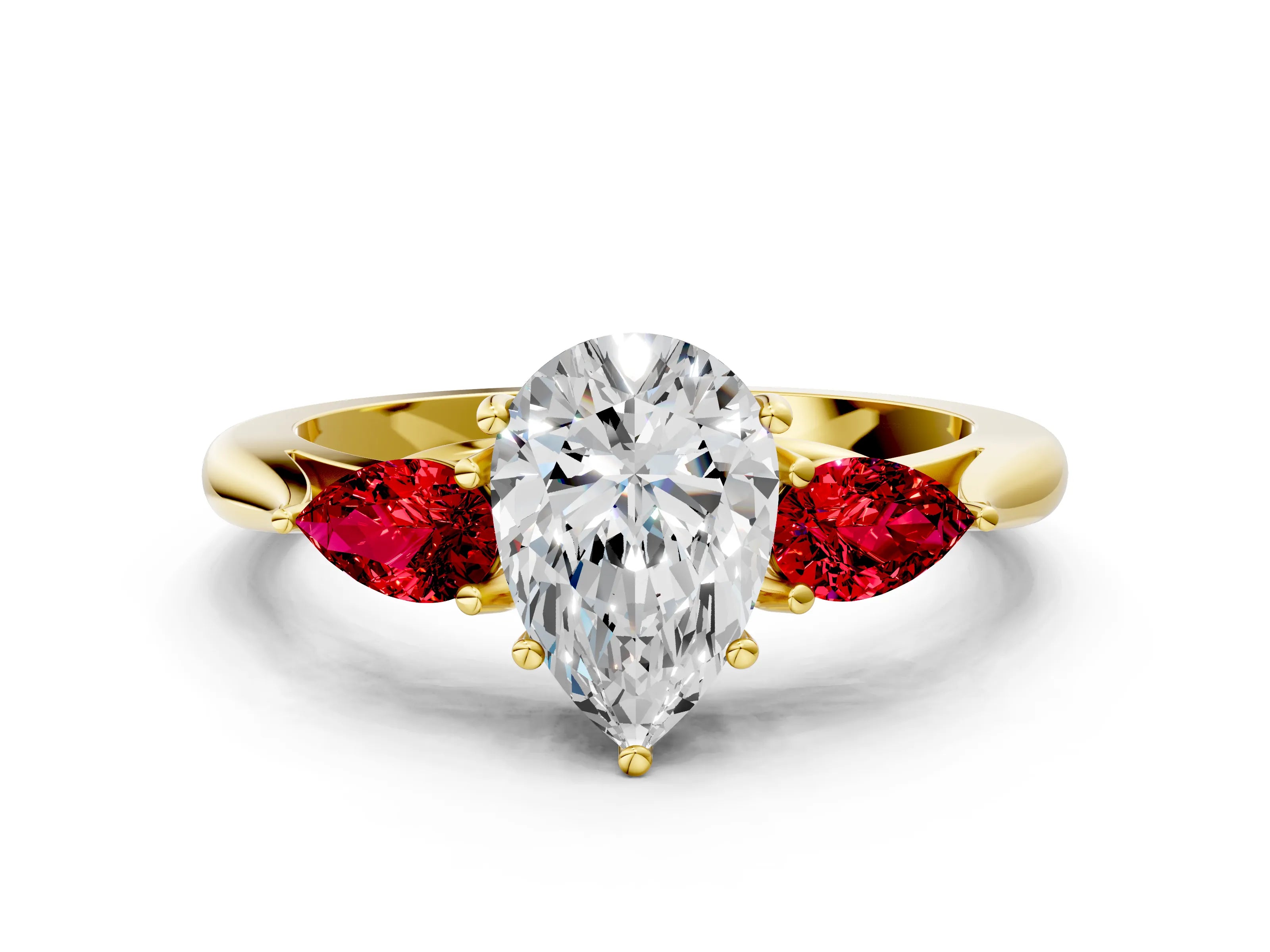 Yellow gold Pear Cut Diamond Three-Stone Ring with Pear with Ruby side stone Side Stones and Prong Setting