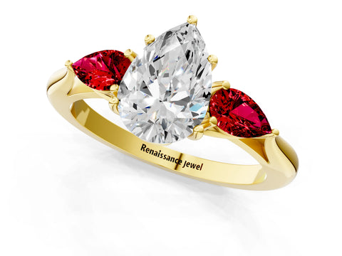 Yellow gold Pear Cut Diamond Three-Stone Ring with Pear with Ruby side stone Side Stones and Prong Setting_1