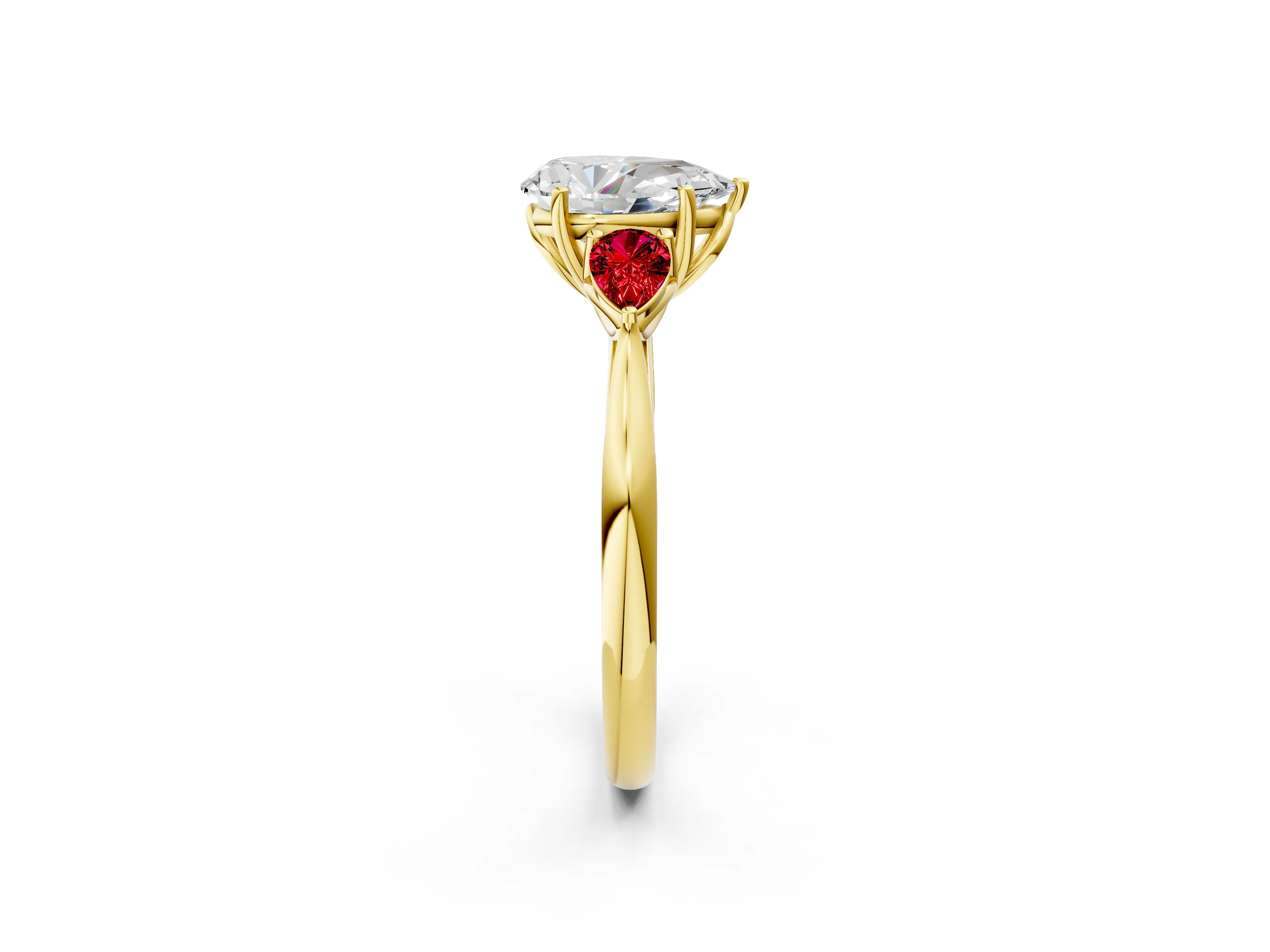 Yellow gold Pear Cut Diamond Three-Stone Ring with Pear with Ruby side stone Side Stones and Prong Setting_2