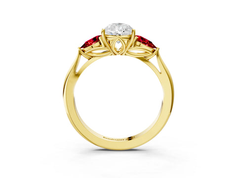 Yellow gold Pear Cut Diamond Three-Stone Ring with Pear with Ruby side stone Side Stones and Prong Setting_3
