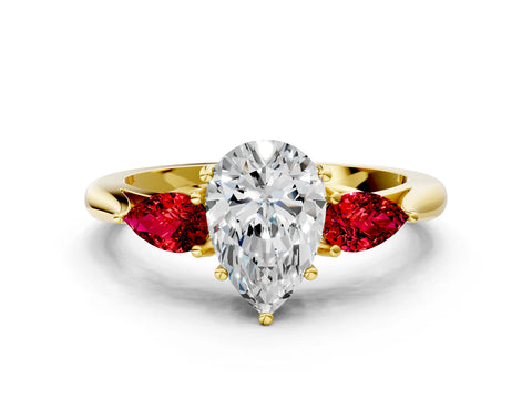Yellow gold Pear Cut Diamond Three-Stone Ring with Pear with Ruby side stone Side Stones and Prong Setting