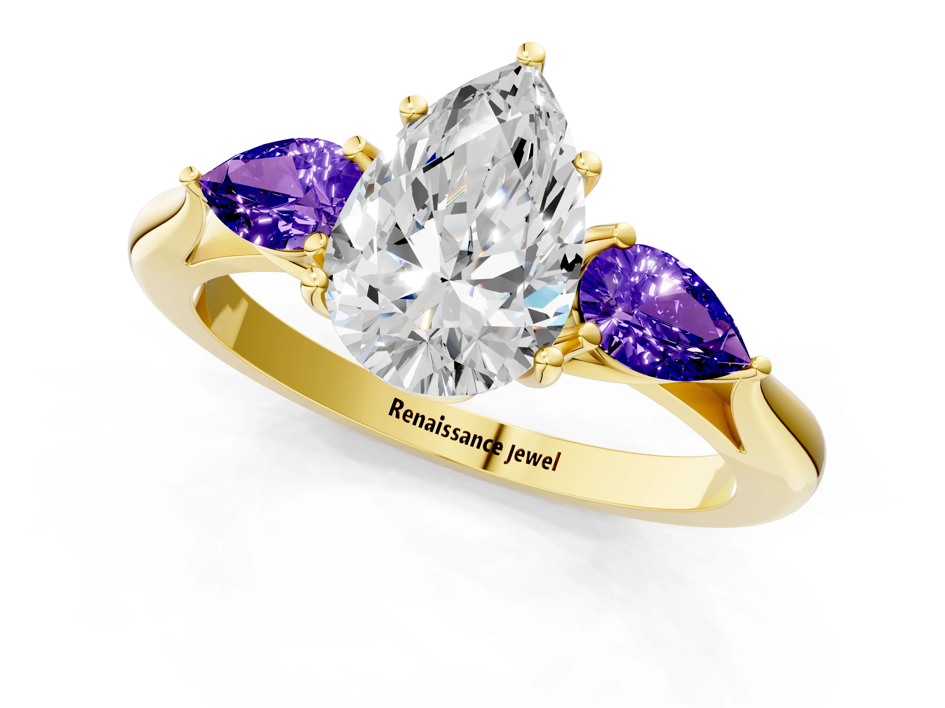 Yellow gold Pear Cut Diamond Three-Stone Ring with Pear with Tanzanite side stone Side Stones and Prong Setting_1