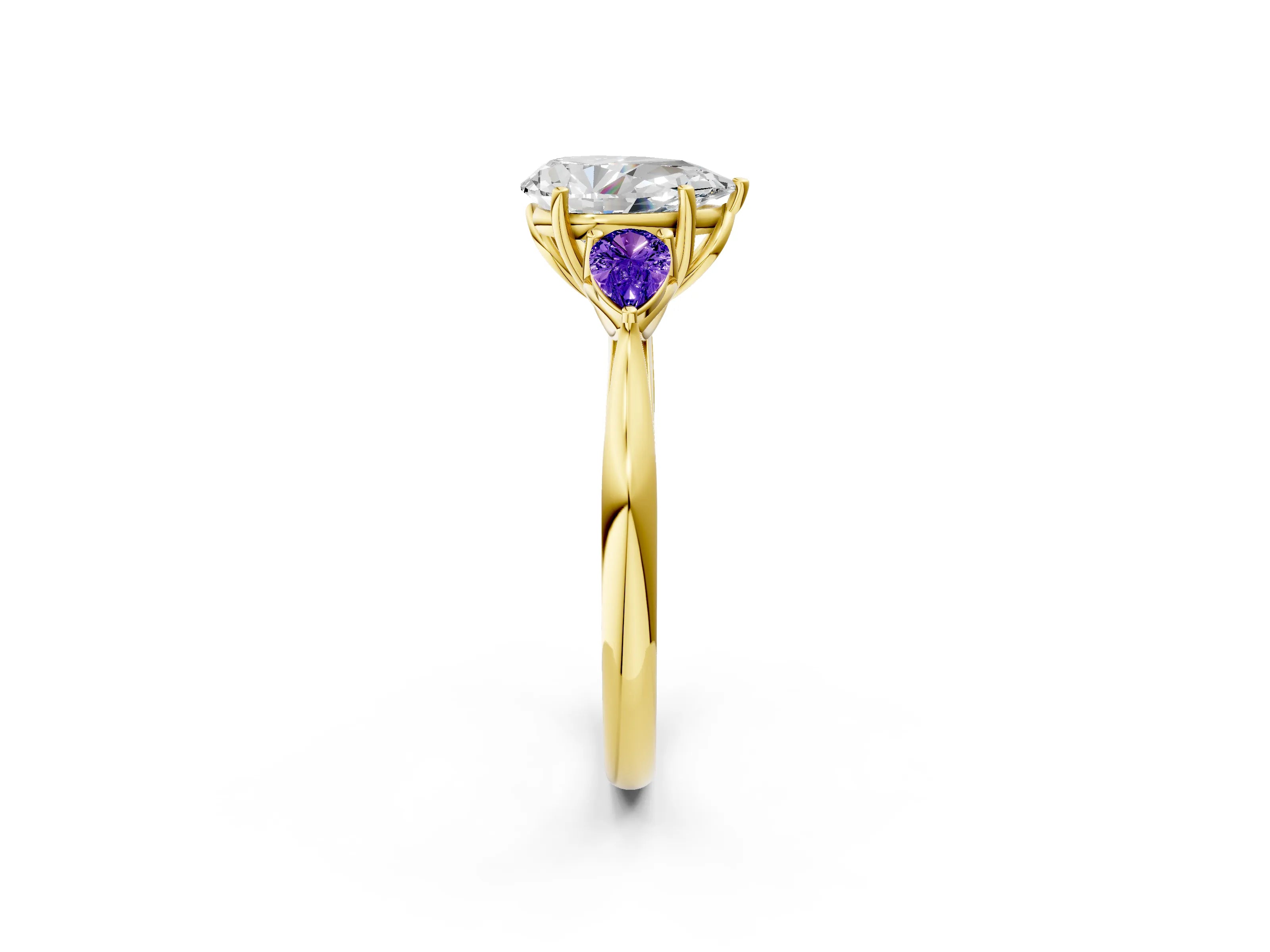 Yellow gold Pear Cut Diamond Three-Stone Ring with Pear with Tanzanite side stone Side Stones and Prong Setting_2