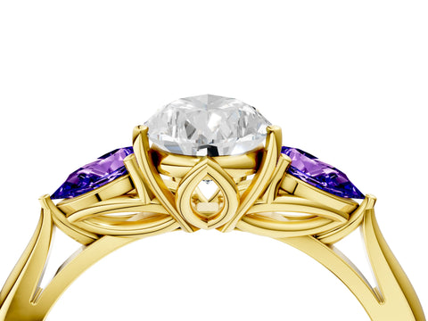 Yellow gold Pear Cut Diamond Three-Stone Ring with Pear with Tanzanite side stone Side Stones and Prong Setting_4