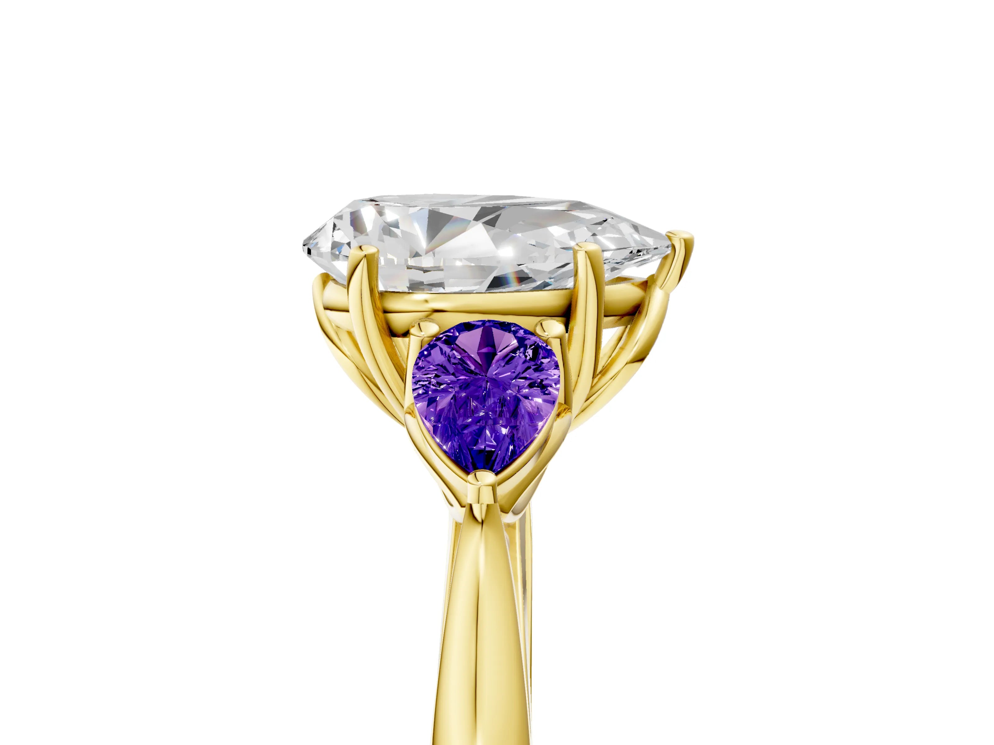 Yellow gold Pear Cut Diamond Three-Stone Ring with Pear with Tanzanite side stone Side Stones and Prong Setting_5