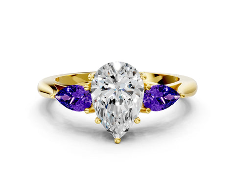 Yellow gold Pear Cut Diamond Three-Stone Ring with Pear with Tanzanite side stone Side Stones and Prong Setting