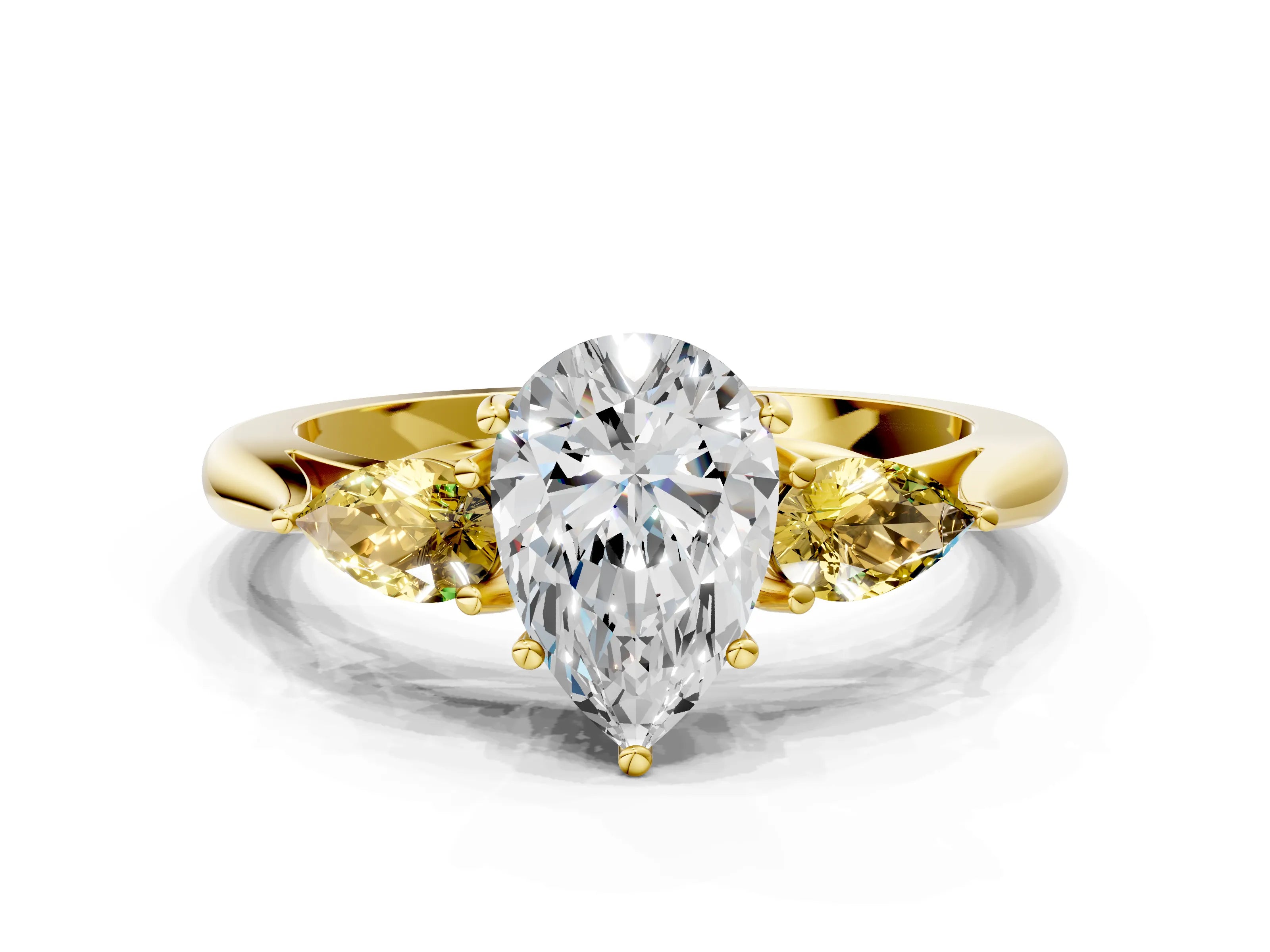 Yellow gold Pear Cut Diamond Three-Stone Ring with Pear with Yellow Sapphire side stone Side Stones and Prong Setting