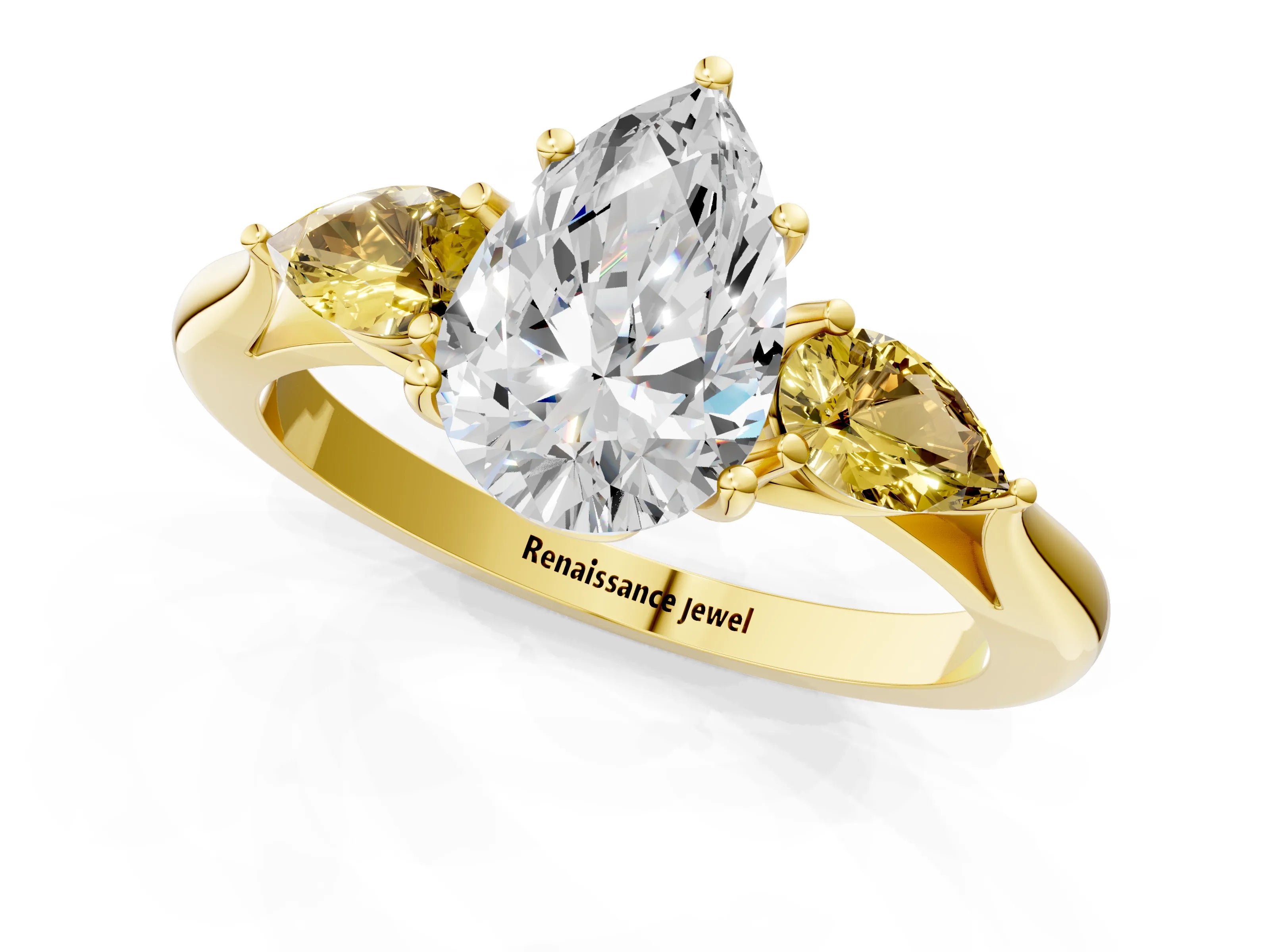Yellow gold Pear Cut Diamond Three-Stone Ring with Pear with Yellow Sapphire side stone Side Stones and Prong Setting_1