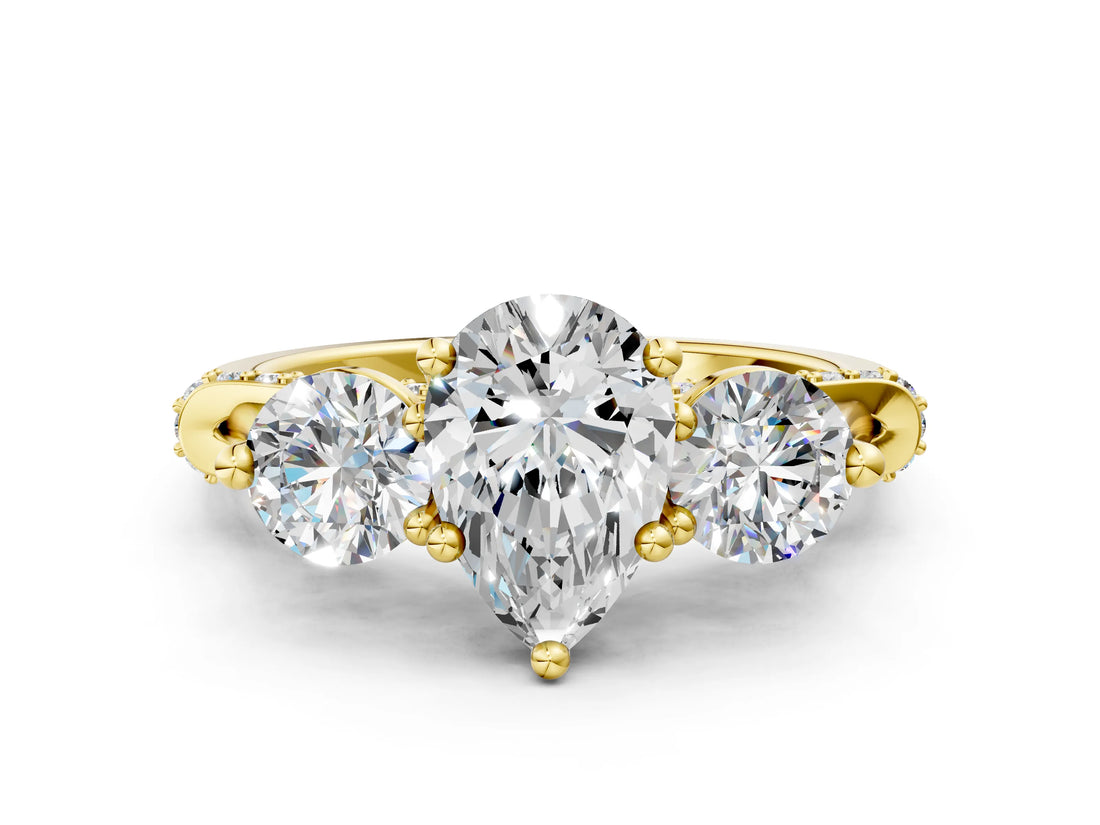 Yellow gold Pear Cut Diamond Three-Stone Ring with Prong Setting and Pavé Band_3
