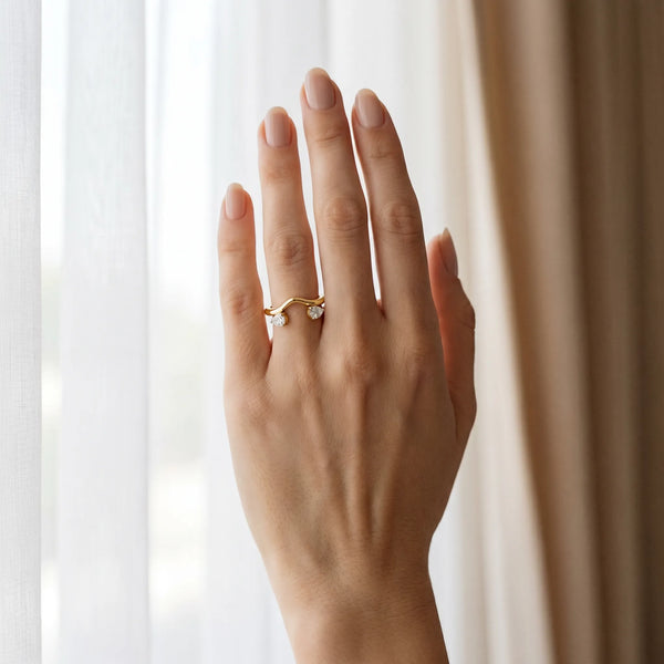 Yellow gold Pear Cut Diamond Two-Stone Open Band Ring with Prong Setting