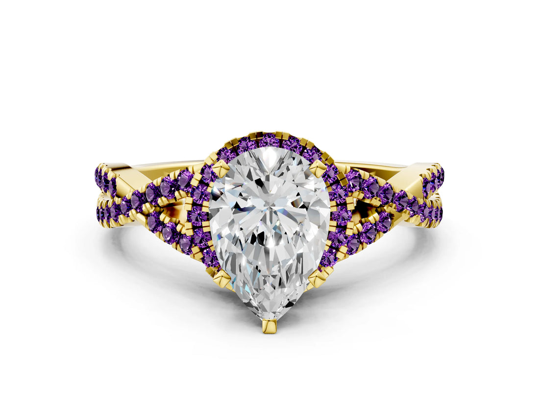 Yellow gold Pear Cut Diamond with Amethyst side stone Halo Twist Band Solitaire Prong Setting Ring_12