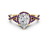 Yellow gold Pear Cut Diamond with Amethyst side stone Halo Twist Band Solitaire Prong Setting Ring_12