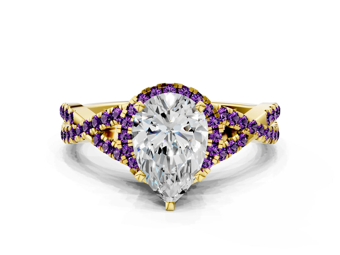 Yellow gold Pear Cut Diamond with Amethyst side stone Halo Twist Band Solitaire Prong Setting Ring_36