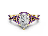 Yellow gold Pear Cut Diamond with Amethyst side stone Halo Twist Band Solitaire Prong Setting Ring_36