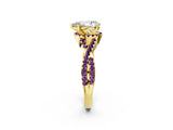 Yellow gold Pear Cut Diamond with Amethyst side stone Halo Twist Band Solitaire Prong Setting Ring_38
