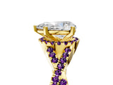 Yellow gold Pear Cut Diamond with Amethyst side stone Halo Twist Band Solitaire Prong Setting Ring_41