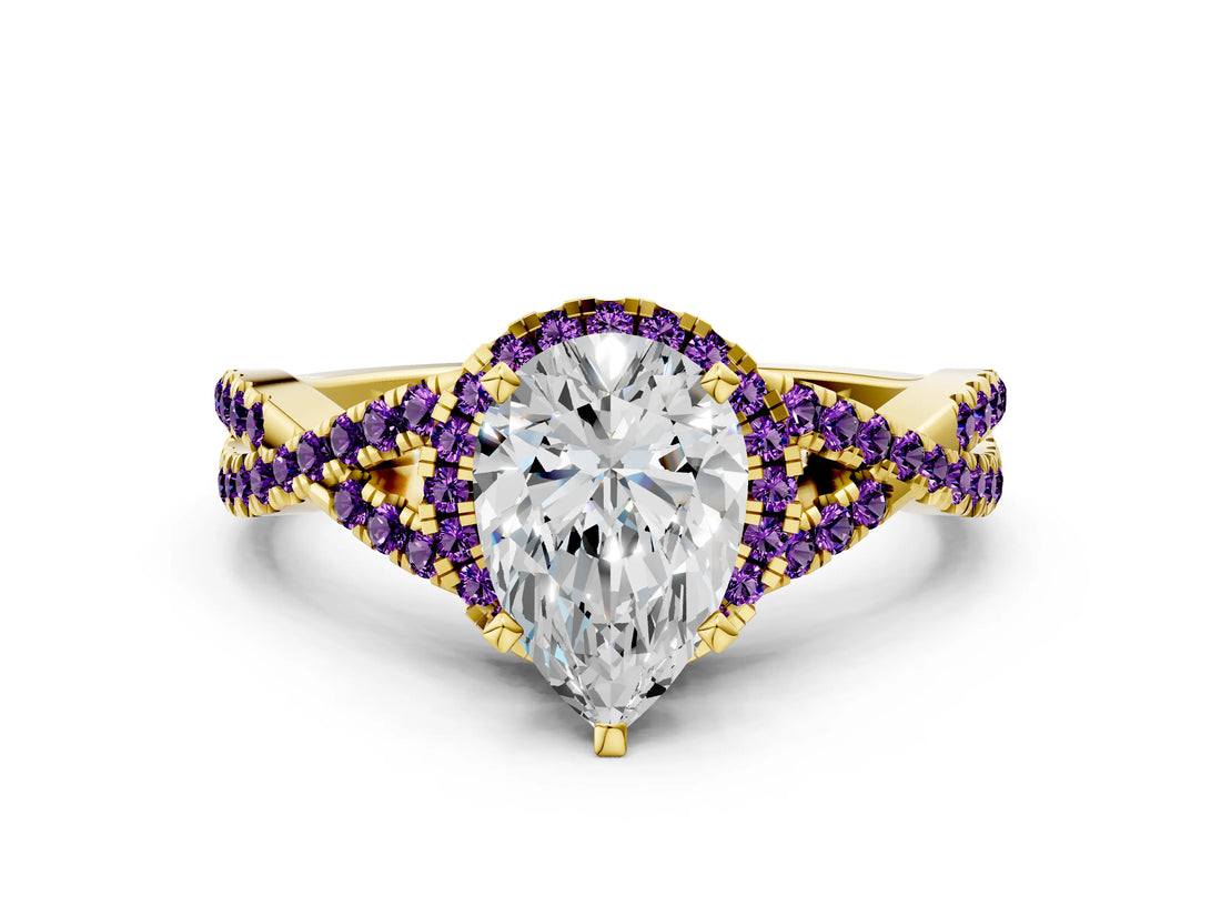 Yellow gold Pear Cut Diamond with Amethyst side stone Halo Twist Band Solitaire Prong Setting Ring_42