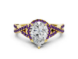 Yellow gold Pear Cut Diamond with Amethyst side stone Halo Twist Band Solitaire Prong Setting Ring_42