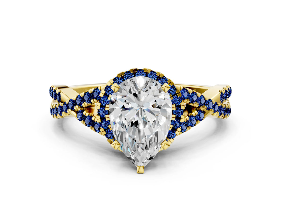 Yellow gold Pear Cut Diamond with Blue Sapphire side stone Halo Twist Band Solitaire Prong Setting Ring_12
