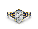 Yellow gold Pear Cut Diamond with Blue Sapphire side stone Halo Twist Band Solitaire Prong Setting Ring_12
