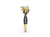 Yellow gold Pear Cut Diamond with Blue Sapphire side stone Halo Twist Band Solitaire Prong Setting Ring_14