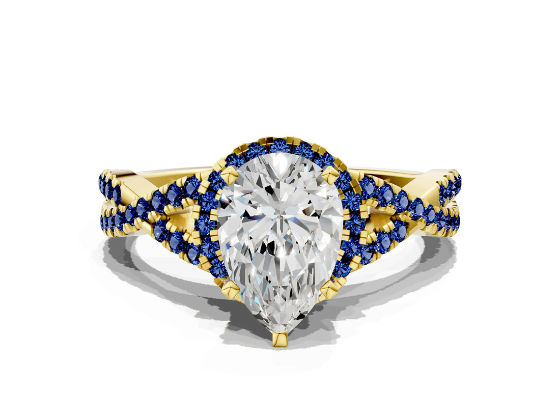 Yellow gold Pear Cut Diamond with Blue Sapphire side stone Halo Twist Band Solitaire Prong Setting Ring_42