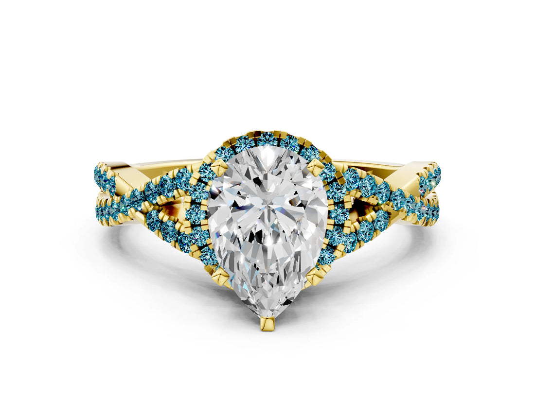 Yellow gold Pear Cut Diamond with Blue Topaz side stone Halo Twist Band Solitaire Prong Setting Ring_12