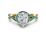 Yellow gold Pear Cut Diamond with Blue Topaz side stone Halo Twist Band Solitaire Prong Setting Ring_12